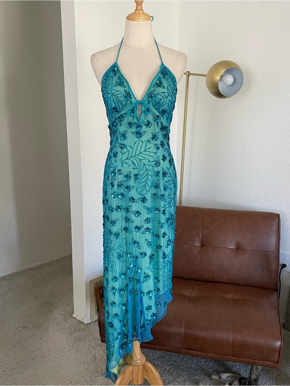 Vintage Y2K Cache Fairy Mermaid Beaded Sequined Asymmetrical Halter Dress